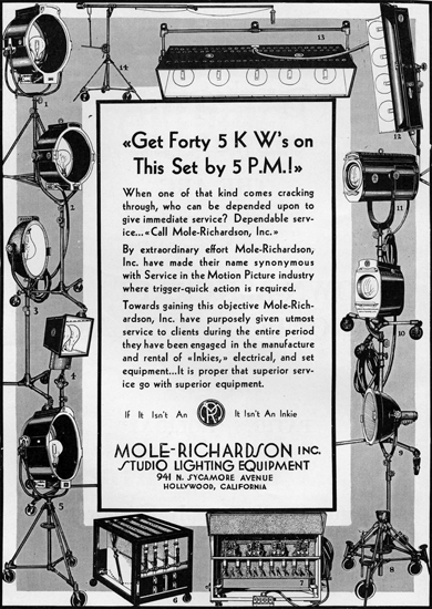 Réclame pour les projecteurs et équipements électriques Mole-Richarson (début des années 1930)