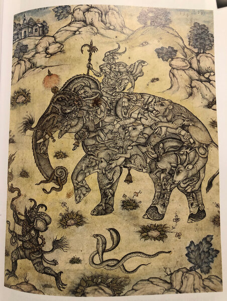 Les démons enfourchent et mènent la monture de l'âme, cet éléphant composite, anonyme, école moghole, début du XVIe siècle 