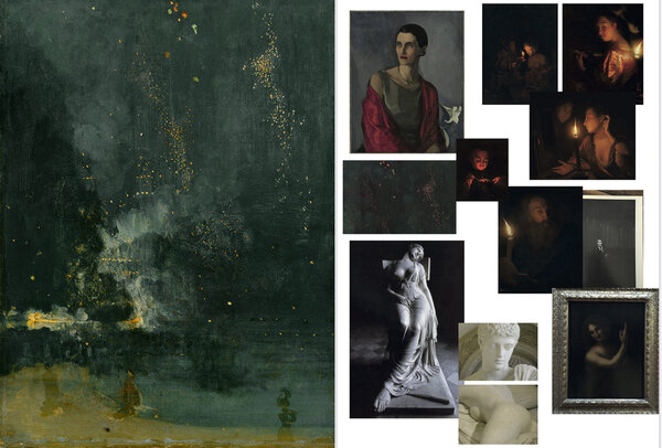 A g. : "Nocturne in Black and Gold : The Falling Rocket", de James Whistler - A d. : différentes références peintures 