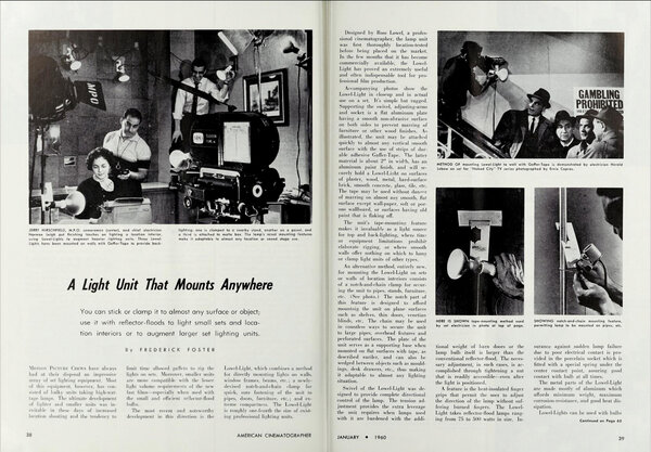 Article published in the “American Cinematographer” in January 1960 - Cinematographer Gerald Hirschfield uses a few Lowel-Light clamps as booster lights